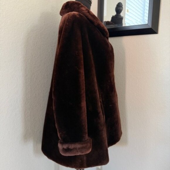 VINTAGE 50s Mouton Sheepskin Fur Chocolate Brown Coat Large - Picture 3 of 16